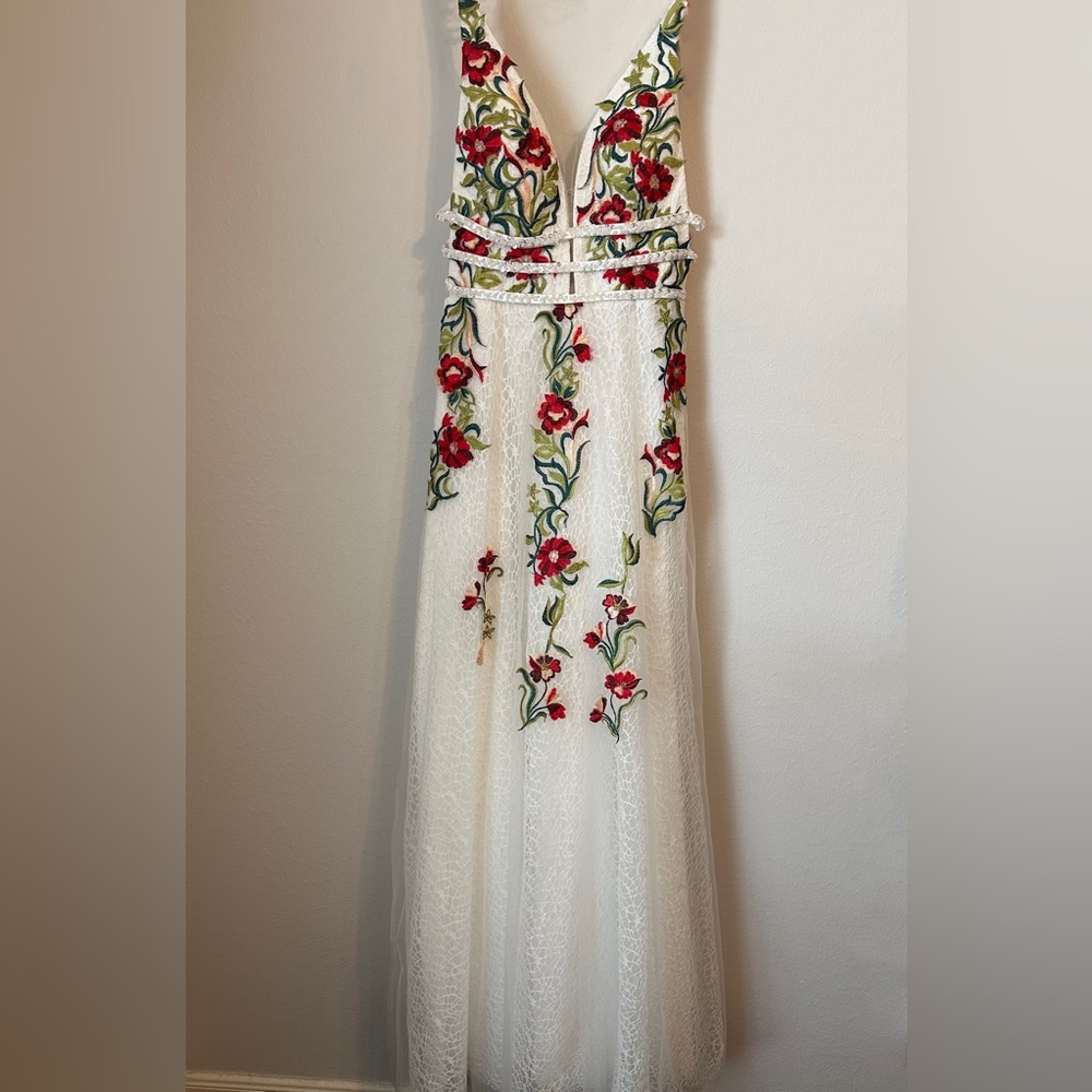 White formal prom dress with colorful floral pattern. Size 4.
